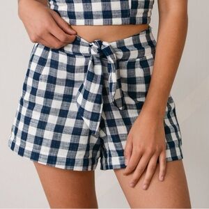 Still Water The Box Tie Waist Blue Gingham Plaid High Rise Tencel Shorts NWT S
